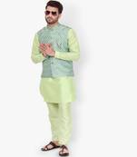Light Green Printed Silk Kurta Pajama & Waistcoat Set For Mens