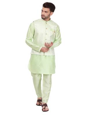 Green Printed Silk Kurta Pajama & Waistcoat Set For Mens 1