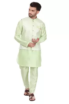 Green Printed Silk Kurta Pajama & Waistcoat Set For Mens