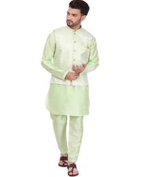 Green Printed Silk Kurta Pajama & Waistcoat Set For Mens
