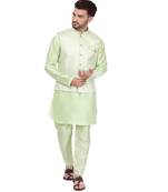 Green Printed Silk Kurta Pajama & Waistcoat Set For Mens
