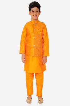 Kurta Pajama For Kids Boys With Waistcoat | Silk | Floral | Traditional Dress (S-201)