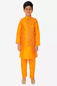 Kurta Pajama For Kids Boys With Waistcoat | Silk | Floral | Traditional Dress (S-201)