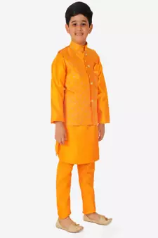 Kurta Pajama For Kids Boys With Waistcoat | Silk | Floral | Traditional Dress (S-201)