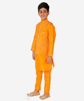 Kurta Pajama For Kids Boys With Waistcoat | Silk | Floral | Traditional Dress (S-201) 4