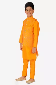 Kurta Pajama For Kids Boys With Waistcoat | Silk | Floral | Traditional Dress (S-201)