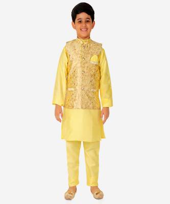 Kurta Pajama For Kids Boys With Waistcoat | Silk | Floral | Traditional Dress (S-201) 1