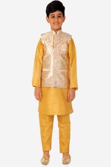 Kurta Pajama For Kids Boys With Waistcoat | Silk | Floral | Traditional Dress (S-201)