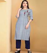 Blue Woven Cotton Dress With Sober Casual Embroidery Work