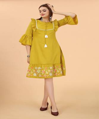 Mystic Mustard Rayon Dress With Smart And Dsigner Floral Embroidery Work 1