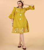 Mystic Mustard Rayon Dress With Smart And Dsigner Floral Embroidery Work