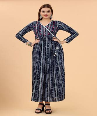 Beautiful Blue Colour Printed Long Kurti With Ethnic Mirror Work 1