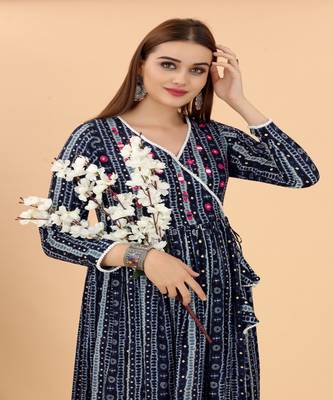 Beautiful Blue Colour Printed Long Kurti With Ethnic Mirror Work 2