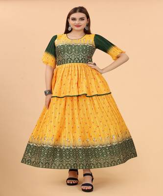 Beautiful Yellow Colour Long Kurti In Silk Fabric With Digital Print and Embroidery Work 1