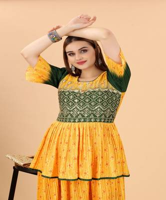 Beautiful Yellow Colour Long Kurti In Silk Fabric With Digital Print and Embroidery Work 2