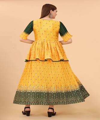 Beautiful Yellow Colour Long Kurti In Silk Fabric With Digital Print and Embroidery Work 3