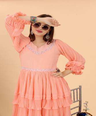 Beautiful Peach Colour Hand Crafted Solid Designer Georgette Long Kurti for Party Looks 2