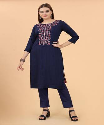 Trendy And Classy Nevy Blue Colour Kurti Set With Fine Embroidery On Viscose Fabric 1
