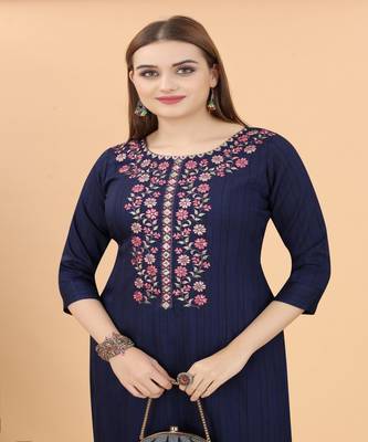 Trendy And Classy Nevy Blue Colour Kurti Set With Fine Embroidery On Viscose Fabric 2