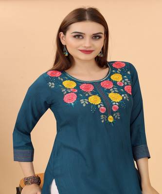Smart Blue Colour Rayon Kurti With Ethnic Embrooidery Work Touch 2