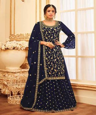 Blue Colour Georgette Dress With Eye Catching Jazi And Sequance Embroidery 1