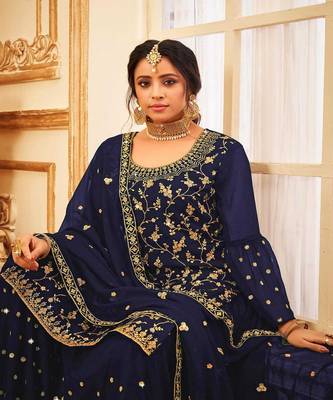 Blue Colour Georgette Dress With Eye Catching Jazi And Sequance Embroidery 2