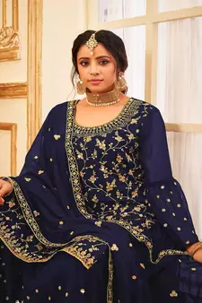 Blue Colour Georgette Dress With Eye Catching Jazi And Sequance Embroidery