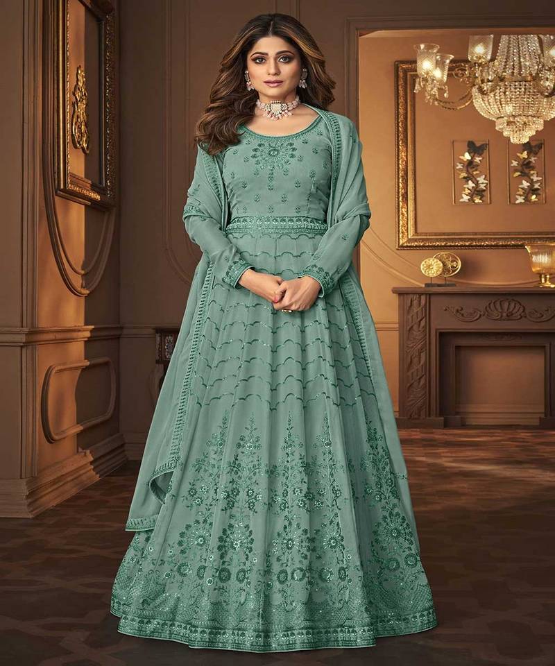 Bollywood Style Heavy Dress In Amazing Turquoise Colour Georgette - KSM  PRINTS - 3989443