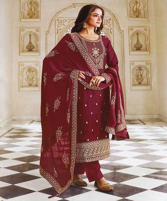 Heavy Designer Embroidery Work Dress On Ethnic Maroon Dola Silk Fabric 1