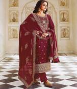 Heavy Designer Embroidery Work Dress On Ethnic Maroon Dola Silk Fabric