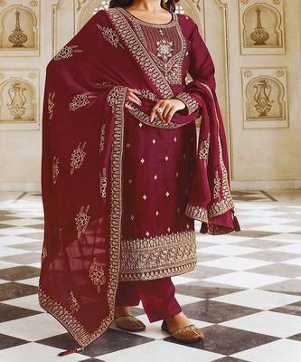 Heavy Designer Embroidery Work Dress On Ethnic Maroon Dola Silk Fabric 2