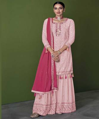 Pretty Pink Colour Sharara Suit With Heavy Ethnic Work Girlish Looks 1