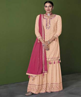 Beautiful Girlish Peach Colour Thread Embroidery Work Salwaar Kameez 1