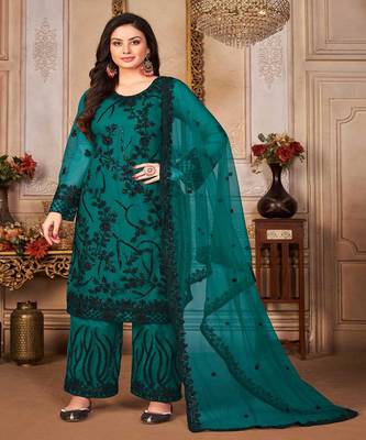 Trendy Rama Colour Heavy Work Salwaar Kameez In Net 1