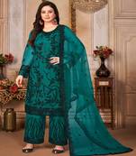 Trendy Rama Colour Heavy Work Salwaar Kameez In Net