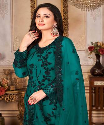 Trendy Rama Colour Heavy Work Salwaar Kameez In Net 2