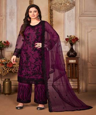 Net Fabric Heavy Girlish Salwaar Suit In Wine Colour 1