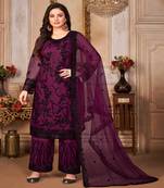 Net Fabric Heavy Girlish Salwaar Suit In Wine Colour