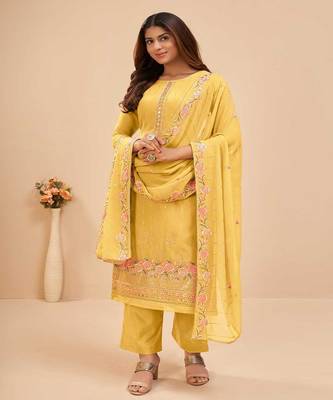 Beautifully Embroidered Yellow Colour Heavy Party Wear Suit 1