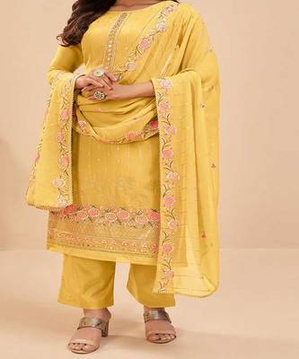 Beautifully Embroidered Yellow Colour Heavy Party Wear Suit 2