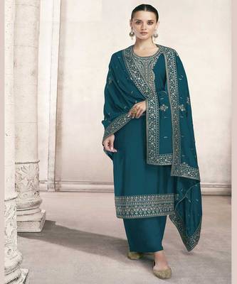 Teal Blue Heavy Salwaar Kameez On Fancy Dola Silk Fabric 1