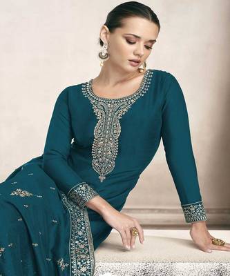 Teal Blue Heavy Salwaar Kameez On Fancy Dola Silk Fabric 2