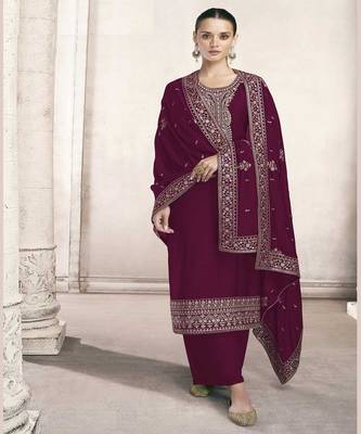 Traditional Sequance Work Salwaar Suit On Elegant Wine Colour Silk Fabric 1