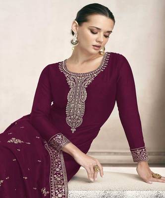 Traditional Sequance Work Salwaar Suit On Elegant Wine Colour Silk Fabric 2
