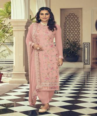 Amazing Peach Colour Georgette Suit With Classy Embroidery Work 1