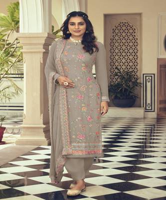 Heavy Embroidery Work Salwaar Suit For Wedding Season In Grey Colour 1
