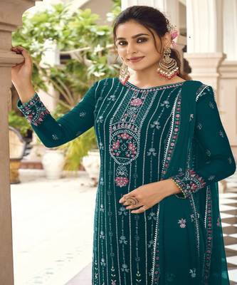Ethnic Teal Blue Salwaar Kameez With Fancy Designer Embroidery Work 2