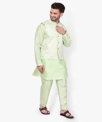 Green Printed Silk Kurta Pajama & Waistcoat Set For Mens 2