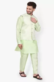 Green Printed Silk Kurta Pajama & Waistcoat Set For Mens
