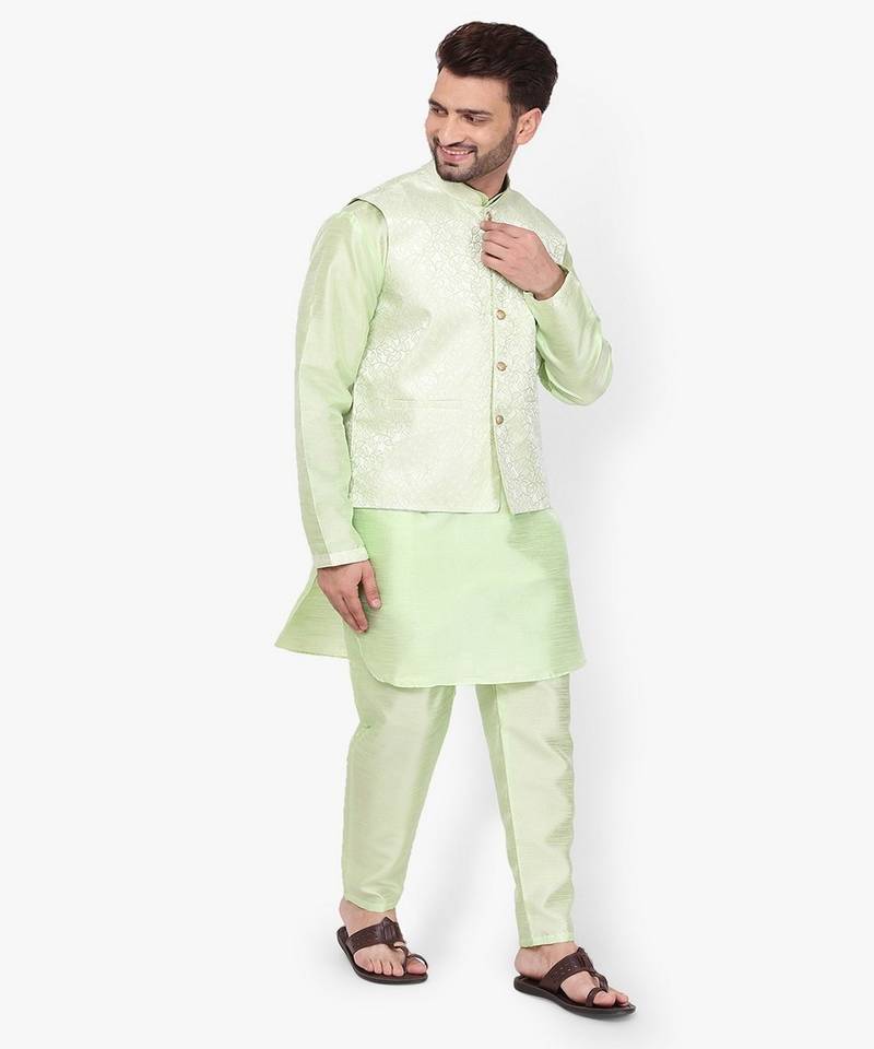 Green Printed Silk Kurta Pajama & Waistcoat Set For Mens